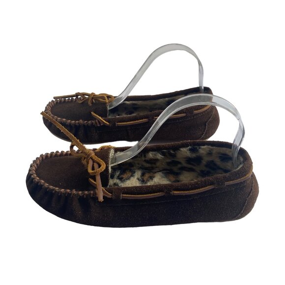 Minnetonka Brown Suede Leather Moccasin Slippers Women Size 8 Faux Fur Lining - Picture 8 of 9